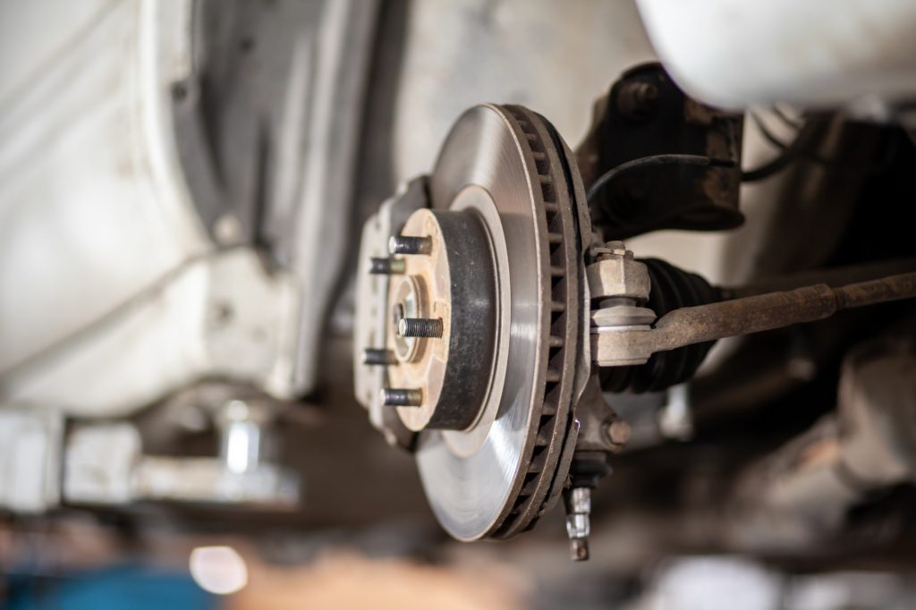 Disc brake of the vehicle for repair, in process of tire replacement